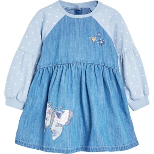 2-7Y Toddler Baby Denim Dress for Girl Patchwork Embroidered Long Sleeve Dress 2021 Autumn New Cotton Kids Clothes Girls Outfits