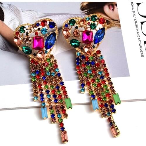 Statement Long Colorful Crystal Chain Tassel Drop Earrings High-Quality Fashion Trend Jewelry Accessories For Women