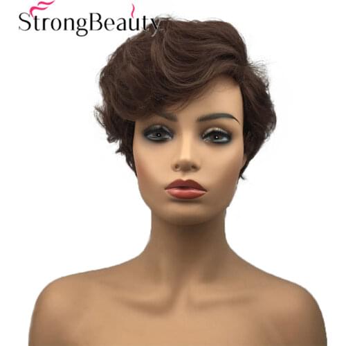 StrongBeauty Short Women Synthetic Capless Wig Pixie Cut Hair Asymmetrical Side Bang Short Curly Wigs