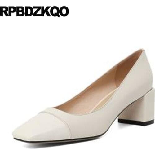Square Toe Beige High Heels Work 2021 Size 33 Thick Quality Genuine Leather Pumps Ladies Formal Shoes Black Court Medium 4 34