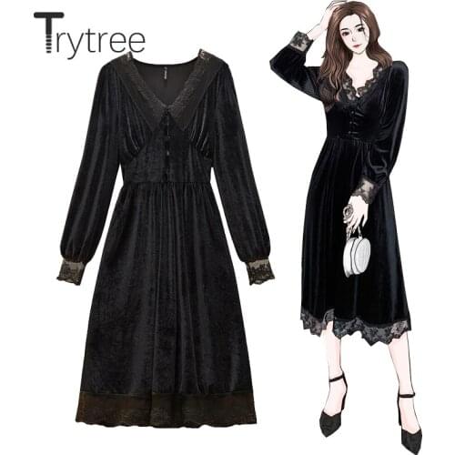 Trytree 2021 Spring Autumn Womens Dress Casual Lace V-neck Velvet A-line Patchwork Lace Hem Elegant Office Lady Black Dress