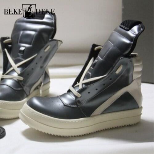 High-Top Men Shoes Ankle Boots Genuine Leather Sneakers Luxury Trainers Knight Boots Casual Lace Up Side Zip Flat Platform Shoes