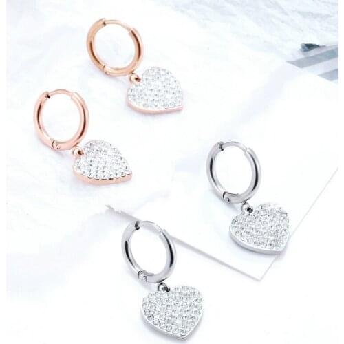 New Rose Gold Heart Earrings Stainless Steel Jewelry Womens Statement Korean Earrings Zircon Earclip Valentines Gift