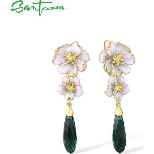 SANTUZZA 100% 925 Sterling Silver Earrings For Women Gold Color Delicate White Enamel Flowers Green Stones Handmade Fine Jewelry