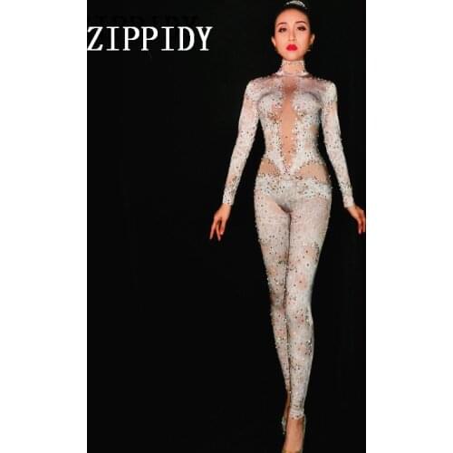 White Lace Printed Spandex Jumpsuit Rhinestones Leggings One Piece Womens Stage Costume Nightclub Dance Bodysuit