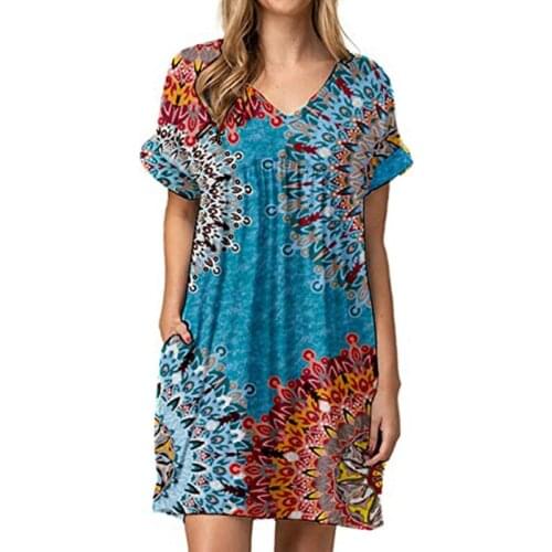 Women Summer Sexy V-Neck Print Short-Sleeve Pleated Dress 2021 New Ladies Elegant Casual Office Loose Pocket Mini Vestidos Femme
