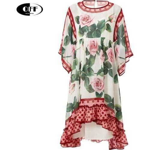 Summer Beach vacation loose midi dresses for women rosy floral pattern Bohemia ruffles ladies plus size 2XL dress festival robes
