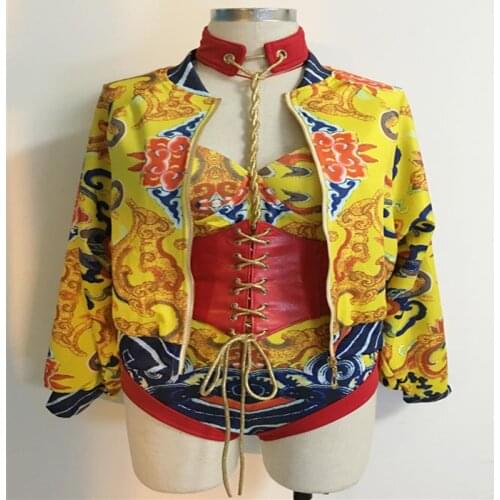 3PCS/SET Female Sexy Bodysuit Jazz Dance Costume Jumpsuit Show Stage Nightclub Party Performance Singer Dancer China Dragon