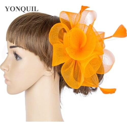 Orange Summer Crinoline Fascinator Gril Wedding Headwear Colorful Mesh Party Show Hair Accessories Millinery Cocktail Hat MYQ037