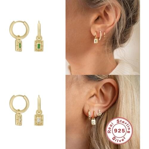 BOAKO 925 Sterling Silver Gold Green Zircon Pendant Hoop Earrings For Women Girls Small Circle Ear Bone Earlobe Piercing Earring