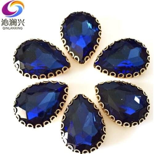 Ink blue color Drop shape top glass crystal lace claw rhinestones,golden base sew on stone for Diy/Clothing accessories HGS21