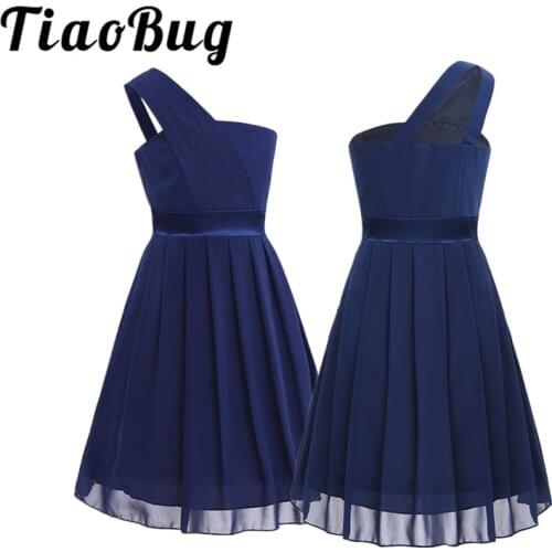 Kids Children Flower Girls Pleated Chiffon One-shoulder Flower Girl Dress Princess Pageant Birthday Party Summer Tulle Dress