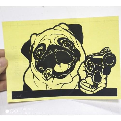 FD530A Die Cut Funny Pug Dog With Gun Car Sticker Vinyl Motorcycle Laptop Notebook Computer Decal