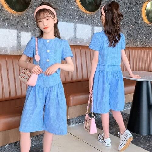 Kids Girls Clothing Set 2021 Summer Fashion Short Sleeve Jacket Top+Pants Casual Plaid 2Pcs Set Blue Outfits Teen Girls Clothes