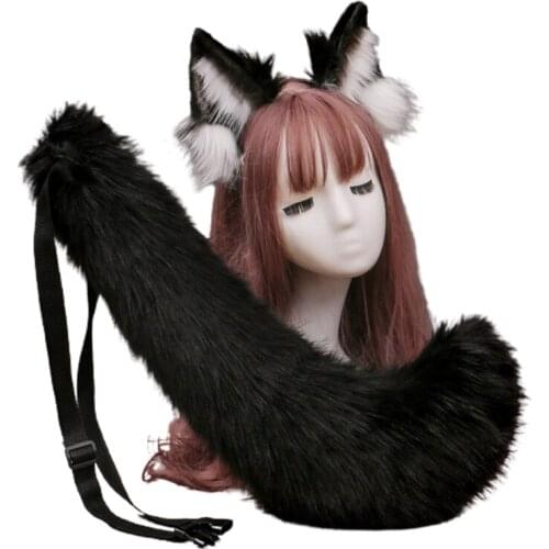 Faux Fur Wolf Ears Headband and Furry Anmimal Long Tail Kit Cosplay Costume Set