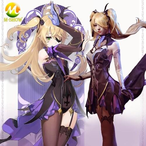 Game Genshin Impact Fischl Cosplay Costume Anime Girl Purple Lovely Uniform Dress For Adult Women Halloween Fancy Outfit