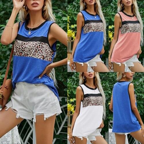 Fashion Sexy Plus Size Vest Women Summer Shirt Clothing Round Neck Undershirt Leopard Print Splicing Casual Sleeveless T-Shirt