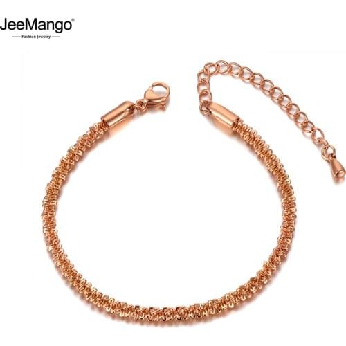 JeeMango Fashion Rose Gold Stainless Steel Charm Strand Bracelets Bangle For Women Bohemia Trendy Chain & Link Bracelet JB20032