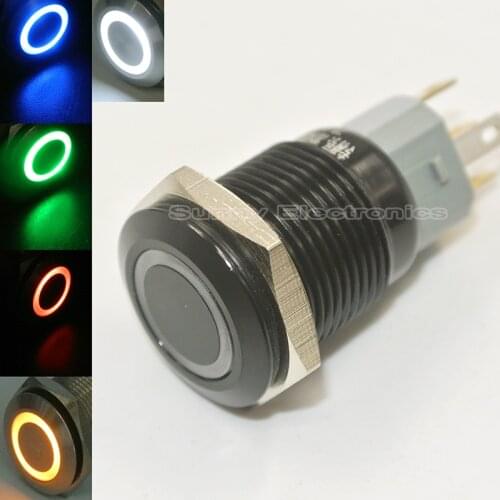 12V Latching Push Button Switch 1NO1NC SPDT ON/OFF Black Metal Shell with LED Ring Suitable for 16mm 5/8" Mounting Hole