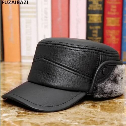 FUZAIBAZI New Fashion Genuine Leather Hat Middle-Aged Elderly Mens Cowhide Military Hats Winter Keep Warm Earmuffs Flat Cap
