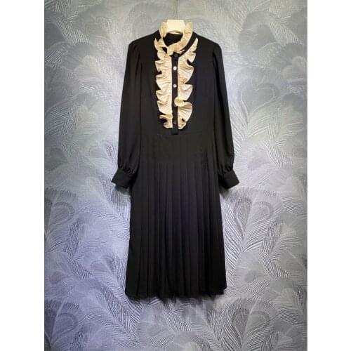 New Ruffles Fahion Stand Neck Women Office Dresses Black Color Casual Formal Retro Vestido Clothing Dress One Piece