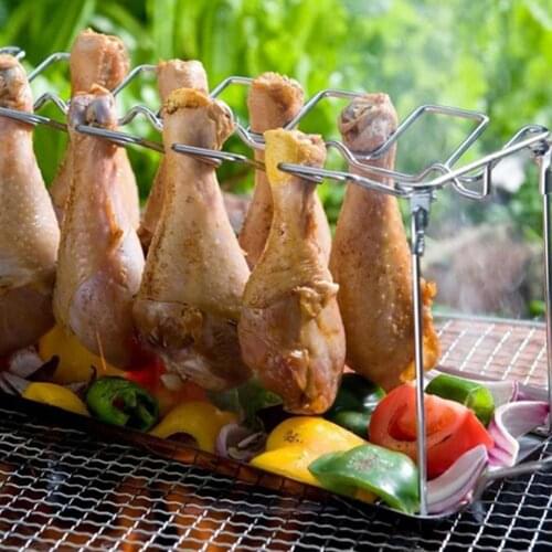 Chicken Leg Rack BBQ Beef Chicken Wing Grill Rack Stainless Steel Folding Drumsticks Holder Oven Roaster Stand With Drip Pan