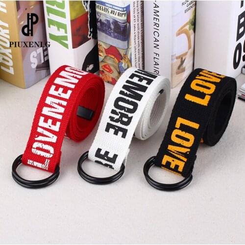 Harajuku Belt Red Letter Printed Fashion Unisex Double D Ring Canvas Strap Female Long Belts Jeans belts for women