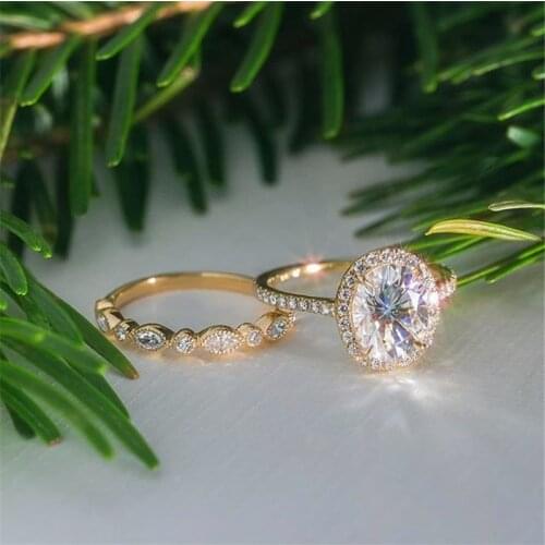 Luxury Female Oval Crystal Ring Set Fashion Yellow Gold Color Engagement Ring Elegant Love Bride Wedding Rings For Women