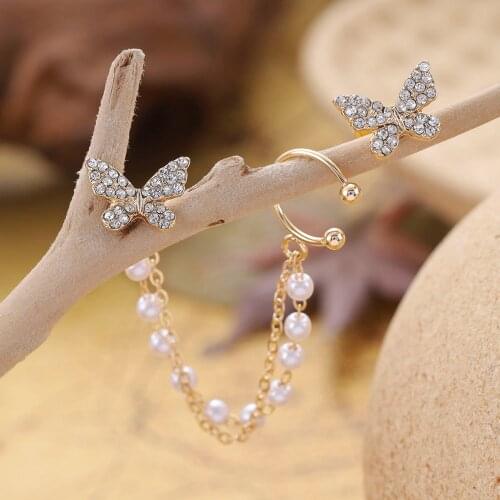 Super Fairy Butterfly Earrings Creative Asymmetrical Pearl Chain Ear Bone Clip Sweet Inlaid Jewelry Bridal Wedding Gift