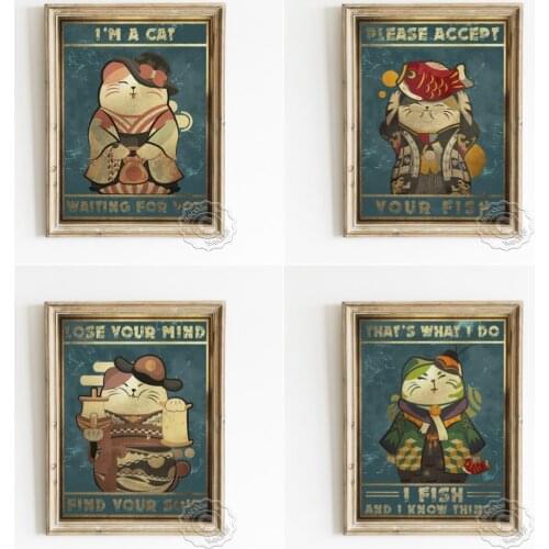 Traditional Japanese kimono Cats Art Poster, Cute Fortune Cat Cartoon Image Prints, Funny Animal Portrait Room Backdrop Decor