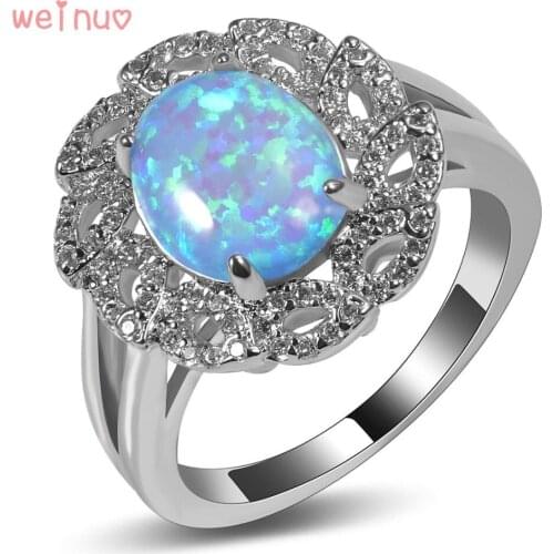 Weinuo Blue Fire Opal White Crystal Ring 925 Sterling Silver Top Quality Fancy Jewelry Wedding Ring Size 5 6 7 8 9 10 11 305