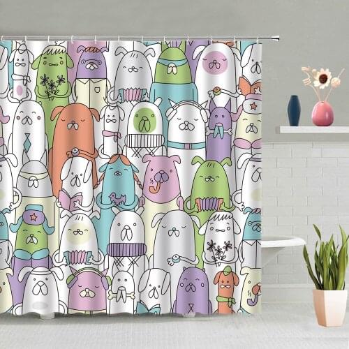 Cartoon Funny Animal Shower Curtain Cat Dog Colourful Printing Bathroom Decor Accessories Set Waterproof With Hook Cheap