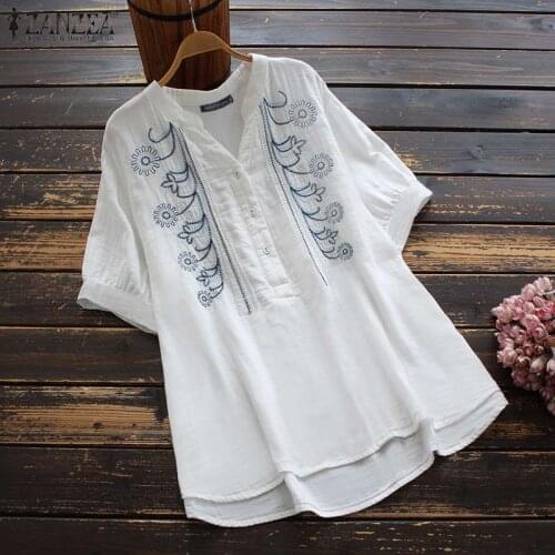 ZANZEA Women V Neck Short Sleeve Blouse Summer Floral Embroidery Shirt Casual Vintage Tops Loose Chemise Female Tunic