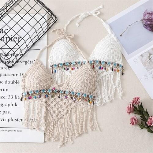Women Summer Beach Boho Clothing Crochet Hollow Out Camis Tank Tops Bikini With Tassel Camisoles Bikini Bralette Halter Cami
