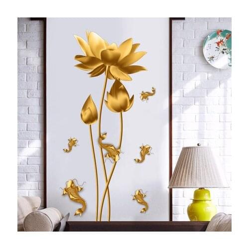 Golden Lotus Fish Wall Sticker Self-adhesive Wallpaper for Living Room Porch Wall Decoration 3D Wall Pictures for Bedroom Poster