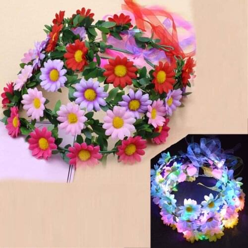 12pcs LED Party Light Up Flashing Flower Headband Wreath Crown Flower Headwear Hair Band Women Girls Wedding Party Favors