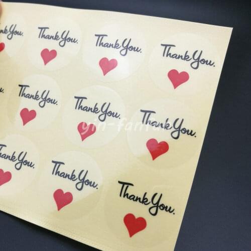 500PC Round Transparent" Red Heart & black word Thank you" 30*30mm Stationery Seal Sticker