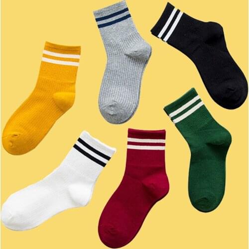 Stylish Women Socks Cotton Classic Stripe Patterned 6 Solid Colors Black White Green Red Yellow Grey Casual Short Type Multipack