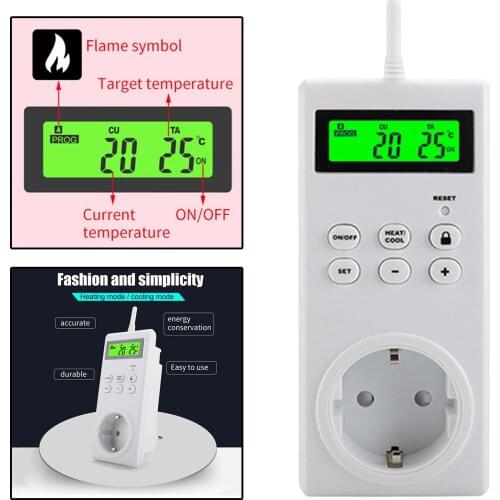 Wireless Thermostat LCD Timer Switch Socket, Programmable Wireless Temperature Controller Temperature Socket EU Plug