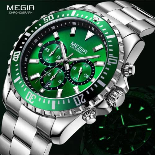 MEGIR Mens Chronograph Quartz Watches Stainless Steel Waterproof Lumious Analogue 24-hour Wristwatch for Man Green Dial 2064G-9