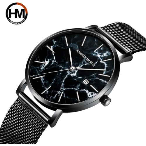 Top Japanese Movement Simple And Fashionable Mens Sports Watch Black Marble Pattern Mesh Belt Waterproof Calendar Quartz Watch