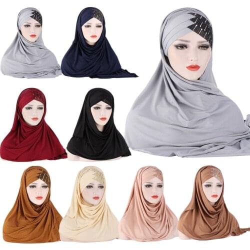 Women Plain Sequins Cross Scarf Head Hijab Wrap Solid Instant Shawls Muslim Inner Hijabs Ready To Wear Islamic Shawl Wrap Turban