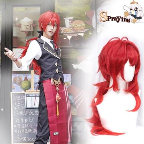 Genshin Impact Wig Diluc Cosplay 60cm Long Red Wigs Heat Resistant Synthetic Wigs Halloween Masquerade Hair Anime Clothes