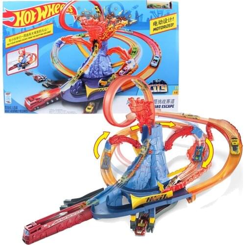 Hot Wheels FTD61 City Electric Motorized Series Volcano Escape Theme Raceway Challenge Race Track Children Toys Car Set Boy Gift