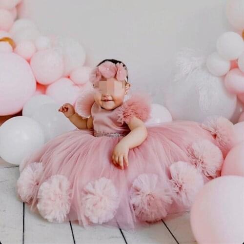 Lovely Pink Girls Birthday Gowns With Sequins Tulle Flower Girl Dresses Baby Birthday Party Clothes 9M-12Y