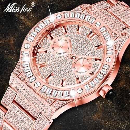 MISSFOX Rose Gold Square Diamond Brand Luxury Men Watches Stainless Steel Watch Men Waterproof Business Mens Watches Relogio