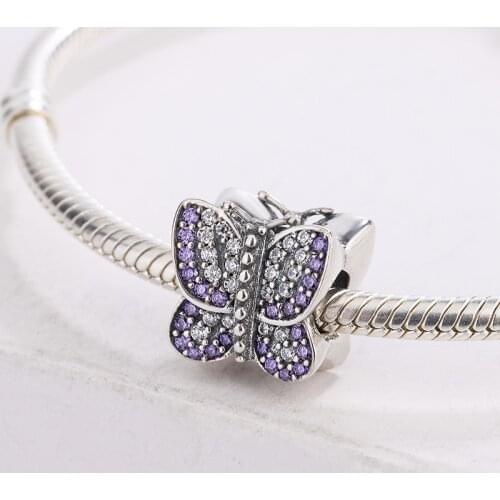 Fashion 925 Sterling Silver Cubic Zirconia Purple Butterfly Pendant Charm Bracelet Jewelry Making For Pandora