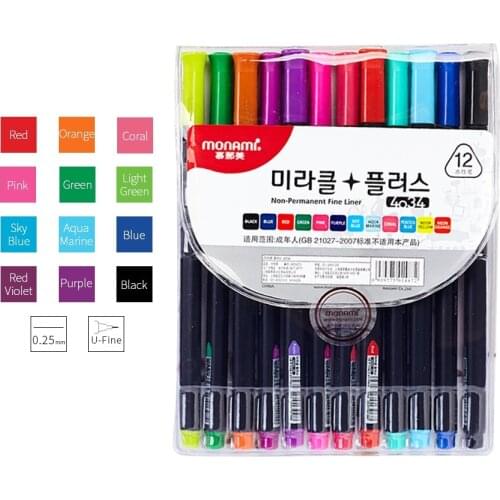 12pcs Monami 0.25mm Ultra Fine Liner Liquid Ink color Pens Set Non-permanent Triangular barrel Art Drawing Fineliner School F740
