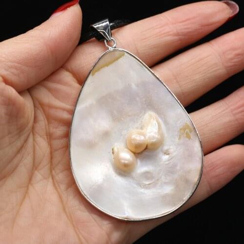 Natural Shell Pearl Mother of Pearl Shell Pendants Charms Wax Thread Necklace for Women Gift Size 40x60mm Length 55cm