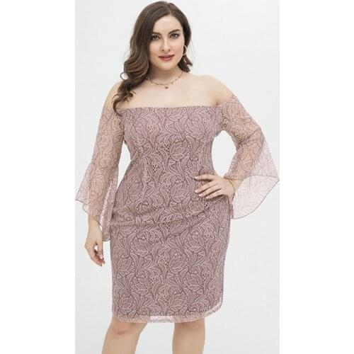 Large Size Dress 4xl 2021 Women Sexy Slim Fit Hip Lace Off Shoulder Knee Length Plus Size Straight One Shoulder Party Dress